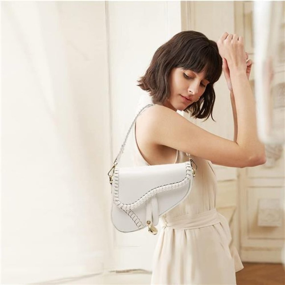 White Braided Faux Leather Mini Saddle Purse Shoulder Mini Crossbody Bag Handbag - Picture 3 of 7